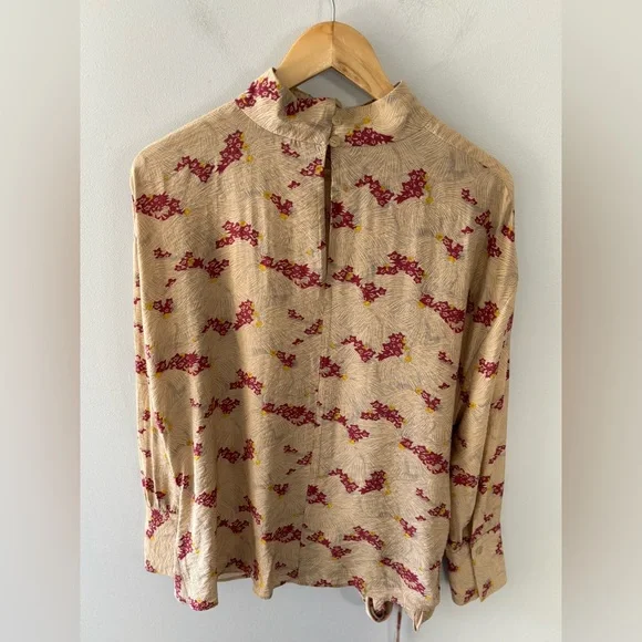 Zara Floral Tie Front Mock Neck Blouse Size M Ecru/Pink Long Sleeve Casual - Picture 4 of 13